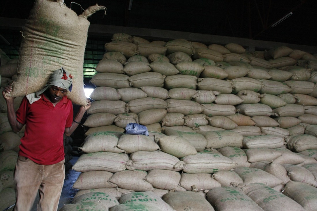 Jute bags of Ethiopian coffee stacked in a warehouse in Hawassa.
